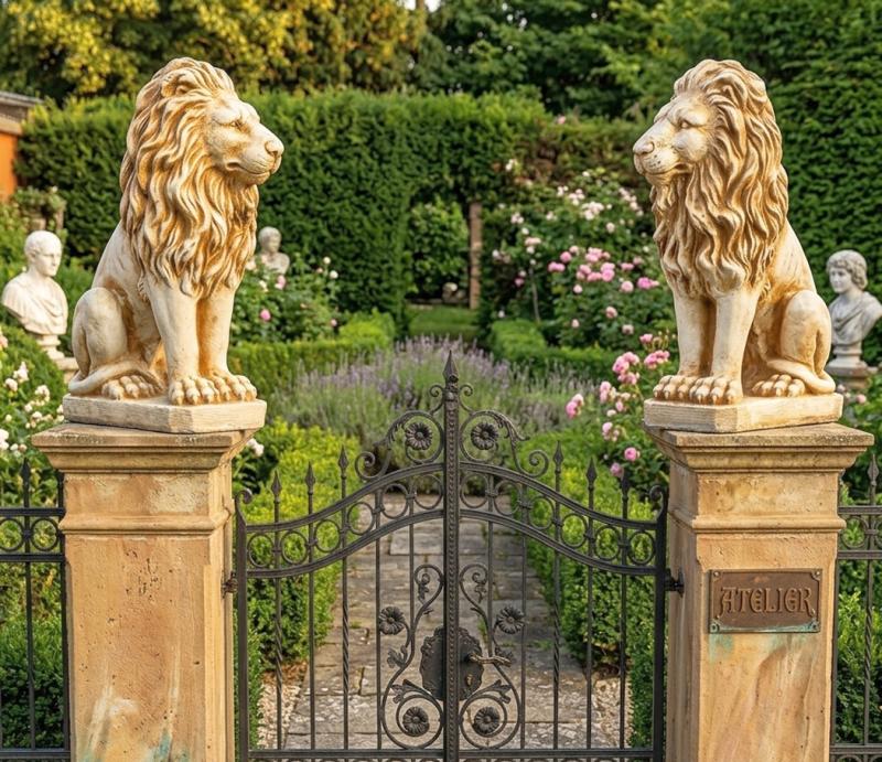 Löwen Gartenfigur Löwenpaar sitzend links rechts Löwenfigur 53cm