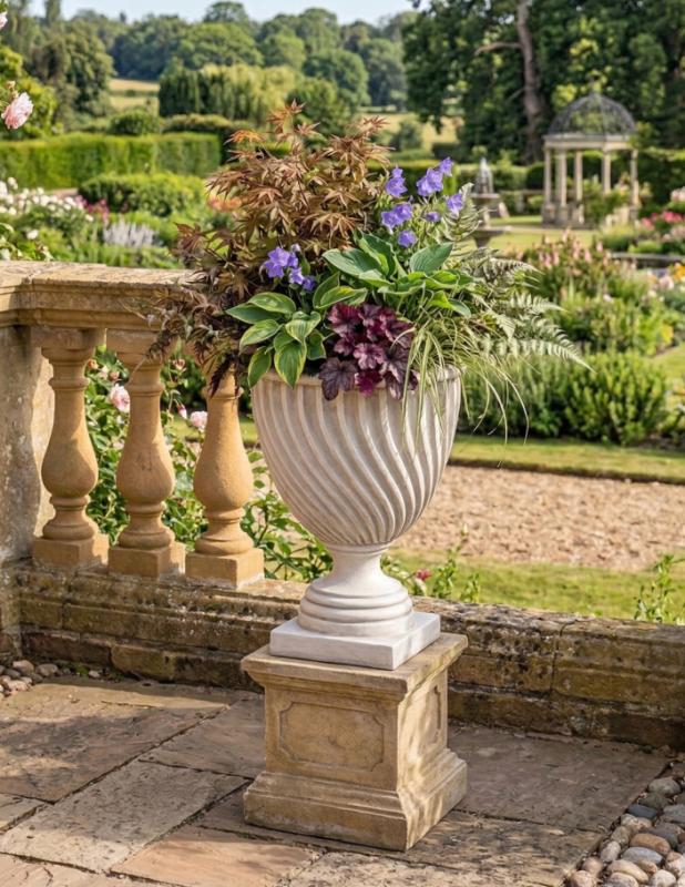 Pflanzvase mit Spiral Rillendekor Blumen Pflanzgefäß aus Beton Steinguss Pflanzkübel 68cm