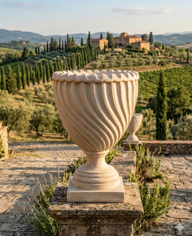Pflanzvase mit Spiral Rillendekor Blumen Pflanzgefäß aus Beton Steinguss Pflanzkübel