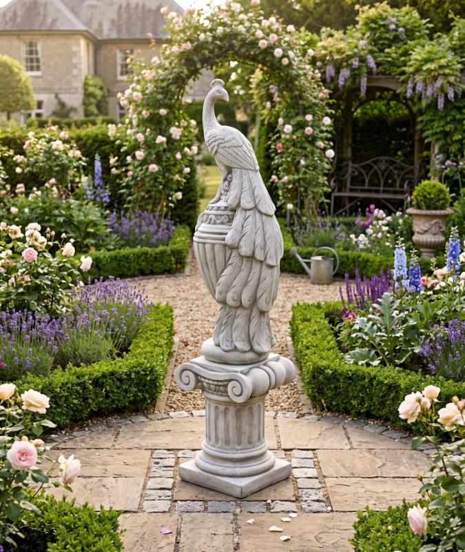 Steinfigur Pfau Statue auf Vase Steinguss Gartendekoration Gartenfigur Skulptur 110cm