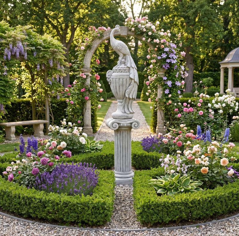 Steinfigur Pfau Statue auf Vase Steinguss Gartendekoration Gartenfigur Skulptur 110cm