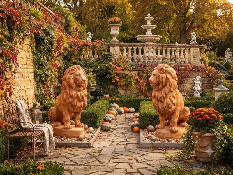 Löwen Gartenfiguren XXL Torlöwen Beton Steinguss Aslan Steinfiguren je 135cm 620kg ocker