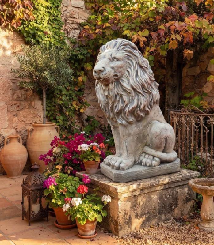 Löwen Figur Beton Steinfigur rechts blickend sitzend als Gartenfigur 53cm