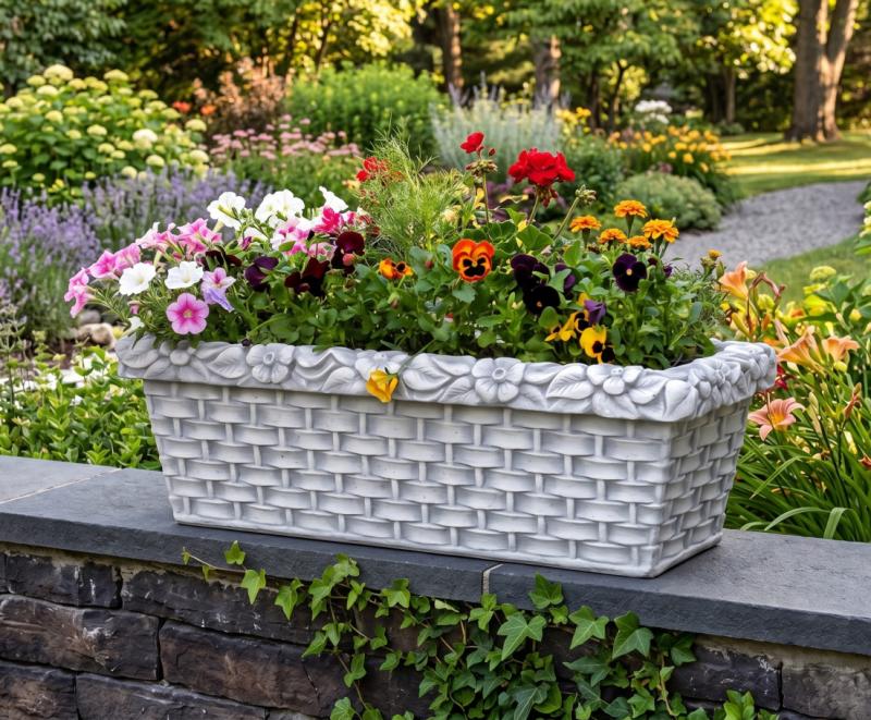 Pflanzkasten mit Korbgeflecht Verzierung und Blumen Dekorkante Beton Steinguss 77cm