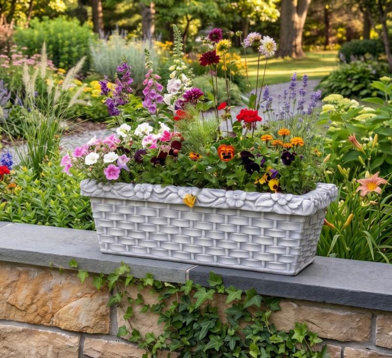 Pflanzkasten mit Korbgeflecht Verzierung und Blumen Dekorkante Beton Steinguss 77cm