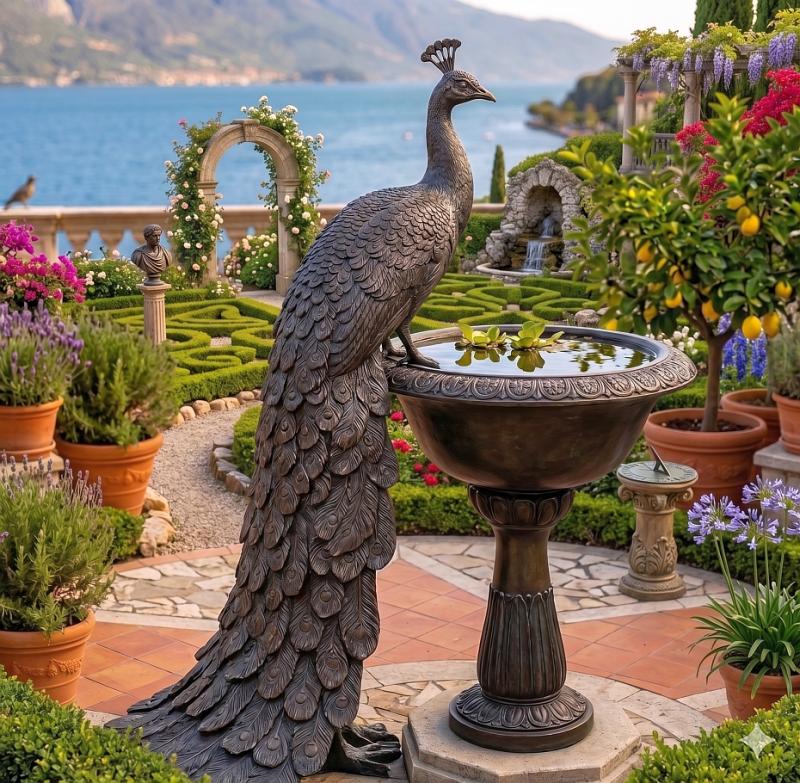 Bronzefigur Pfau am Brunnen – edle Tierfigur mit Wasserspiel 143cm