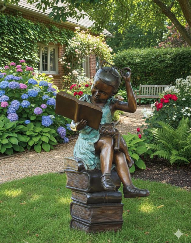 Kinder Bronzefigur Mädchen auf Bücher Stapel