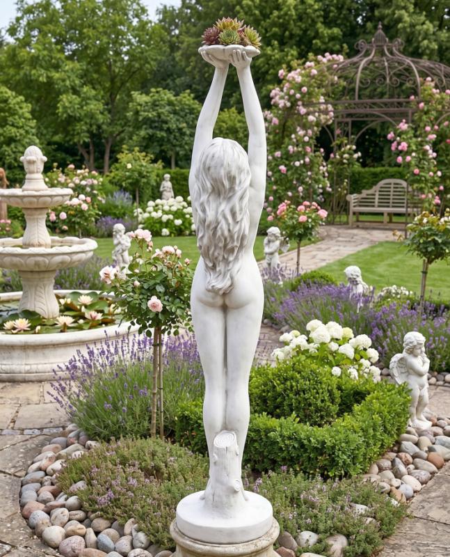 Gartenfigur Frau mit Blume Brunnenfigur Gartendekoration Steinfigur Beton 163cm