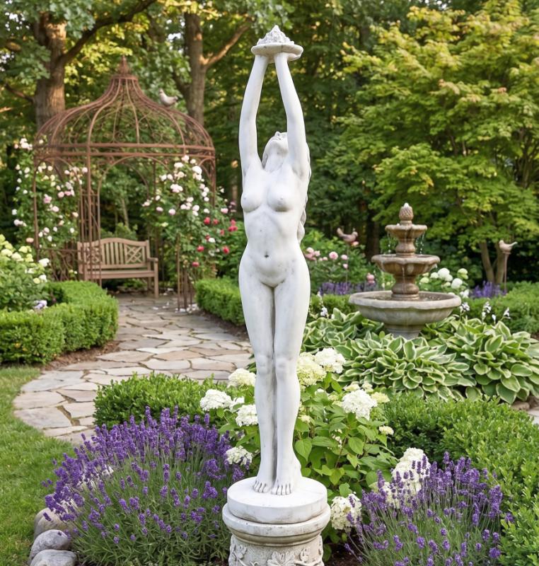 Gartenfigur Frau mit Blume Brunnenfigur Gartendekoration Steinfigur Beton 163cm