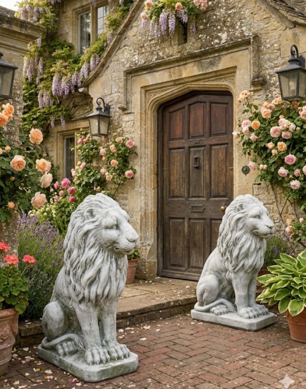 Gartenfiguren Löwen Steinfiguren sitzende Löwenfiguren Paar Set