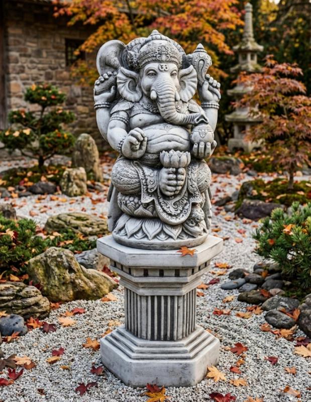 Bali Elefantengott Figur Ganesha Elefantenfigur Lotusblume Tempel Wächter Torwächter Steinfigur mit Sockel 105cm
