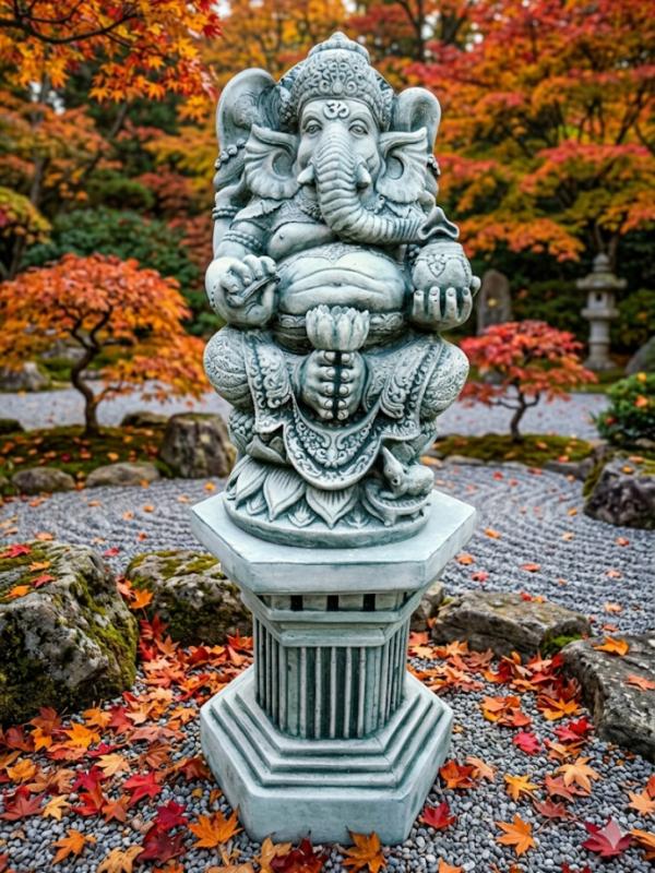 Bali Elefantengott Figur Ganesha Elefantenfigur Lotusblume Tempel Wächter Torwächter Steinfigur mit Sockel 105cm