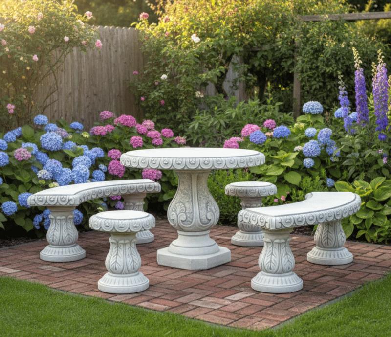 Betonmöbel Sitzgruppe mit Gartentisch 2 Sitzbänken und 2 Hocker aus Beton