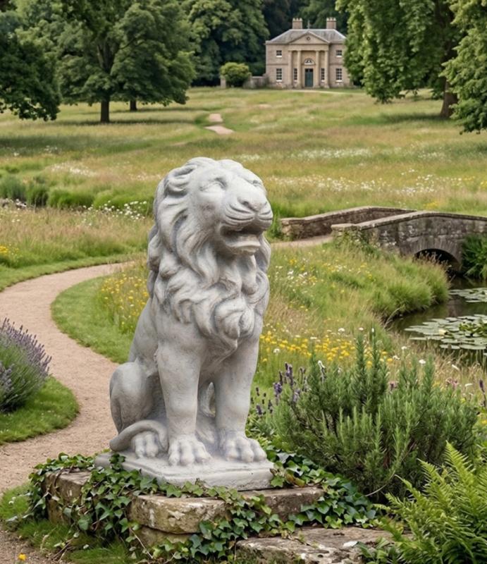 Löwenfigur gerader Blick sitzende Torlöwen Gartendekoration Steinfigur 51cm