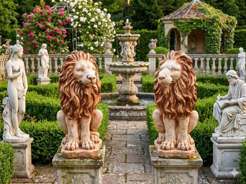 Löwen Gartenfigur sitzendes Löwenpaar links rechts Löwenfigur 53cm