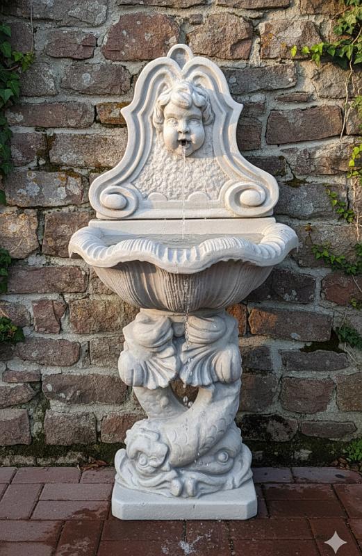 wandbrunnen garten deko mit putten kopf und fischen