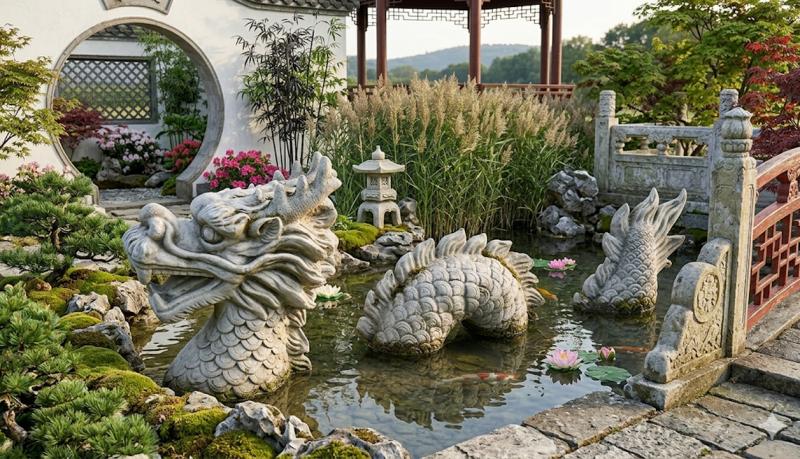 Gartenfigur chinesischer Drachen Fantasy Figur Dinosaurier Erdwurm Höhe 60cm 90kg