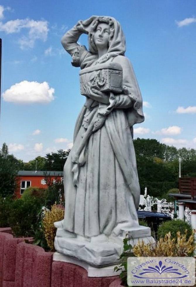Skulptur einer Edelfrau im mittelalterlichem Gewand und Schatztruhe in der Hand Gartenfigur 147cm 297kg BAD-7172