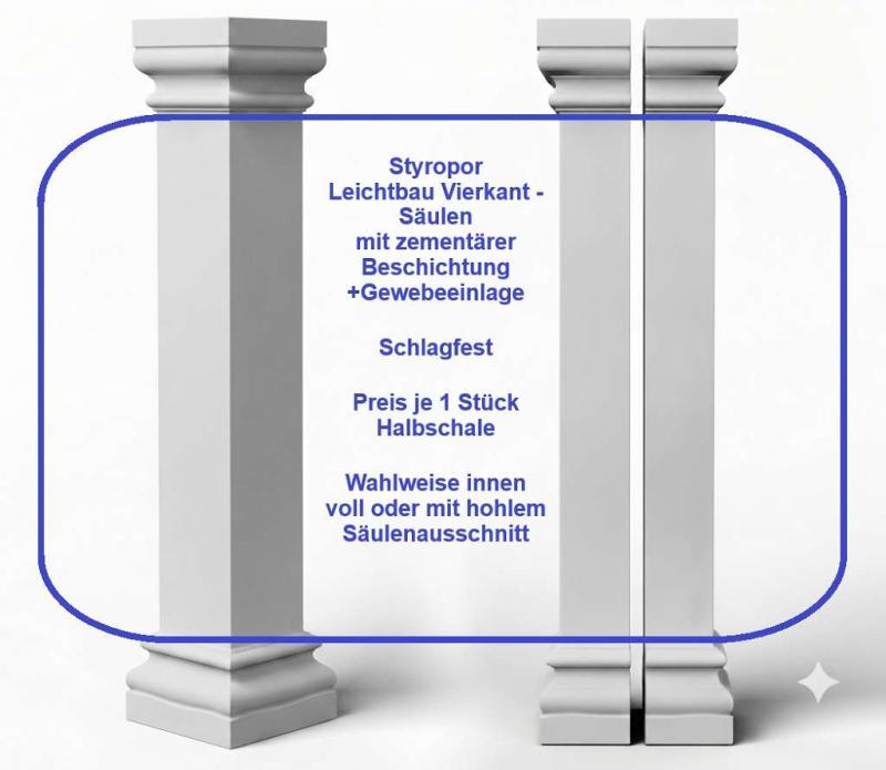 Styroporsäule 35cm eckige glatte U-Halbschale Leichtbausäulen Säulenverkleidung ESA35G