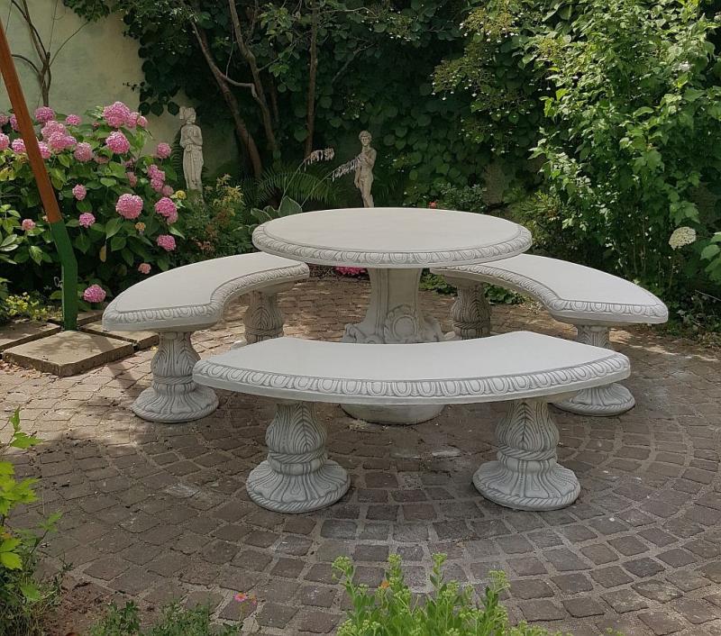 Betonmöbel Sitzgarnitur runder Gartentisch und 3 Gartenbänke 594kg