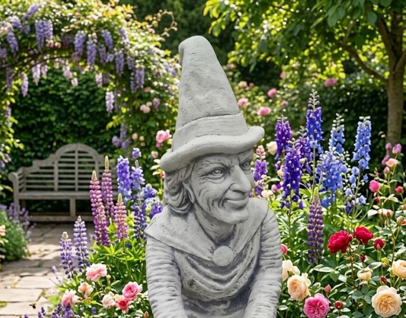Hexe Baba Jaga auf dem Besen - Amüsante Halloween Gartenfigur