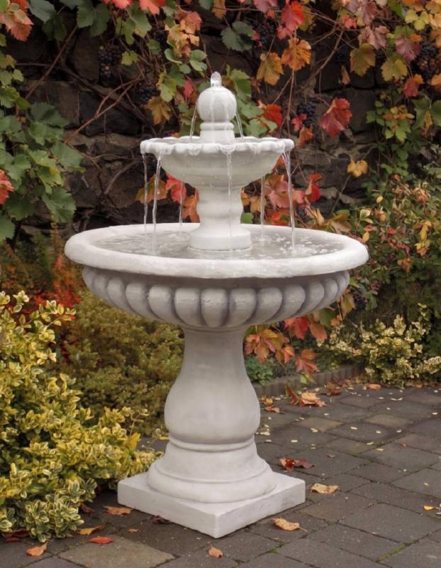 Gartenbrunnen mit 2 Wasserschalen und Kugel aus Weißbeton