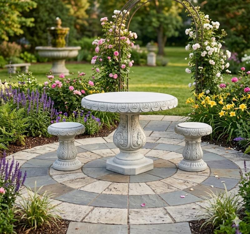 Steintisch Betonmöbel Gartentisch runde Beton Tischplatte 107cm Steinguss frostfest 210kg