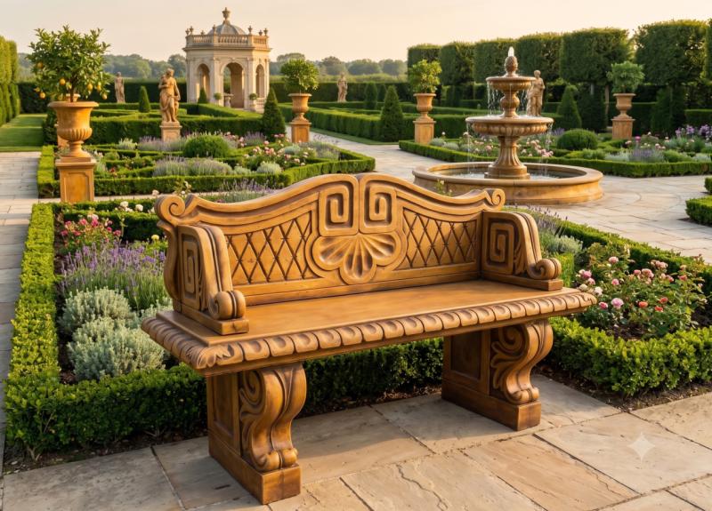 Gartenbank Beton Steinbank mit Lehne Exclusives Design Weißbeton Steinguss frostfest Sandstein farbig patiniert