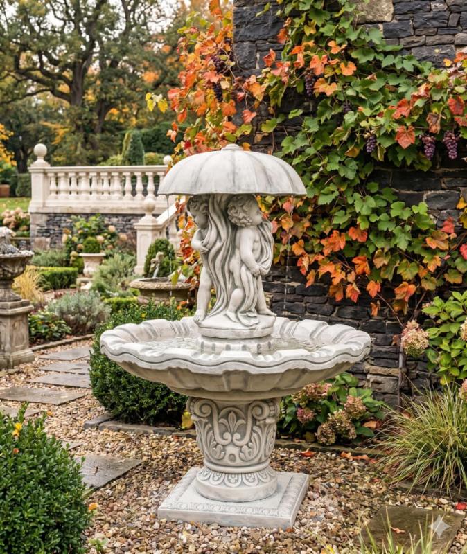 Garten Springbrunnen als Standbrunnen mit Wasserschale und Regenschirm Figur 150cm