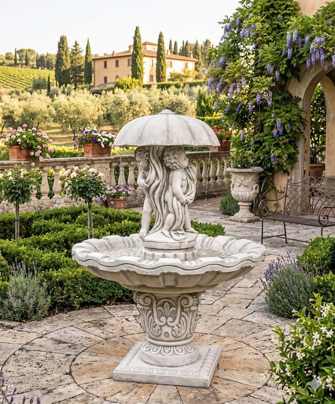 Garten Springbrunnen mit Kinter Figuren unter dem Regenschirm
