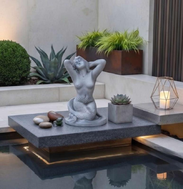 Gartenfigur Meerjungfrau Skulptur Nixe Beton Steinguss Figur als Steinfigur 57cm