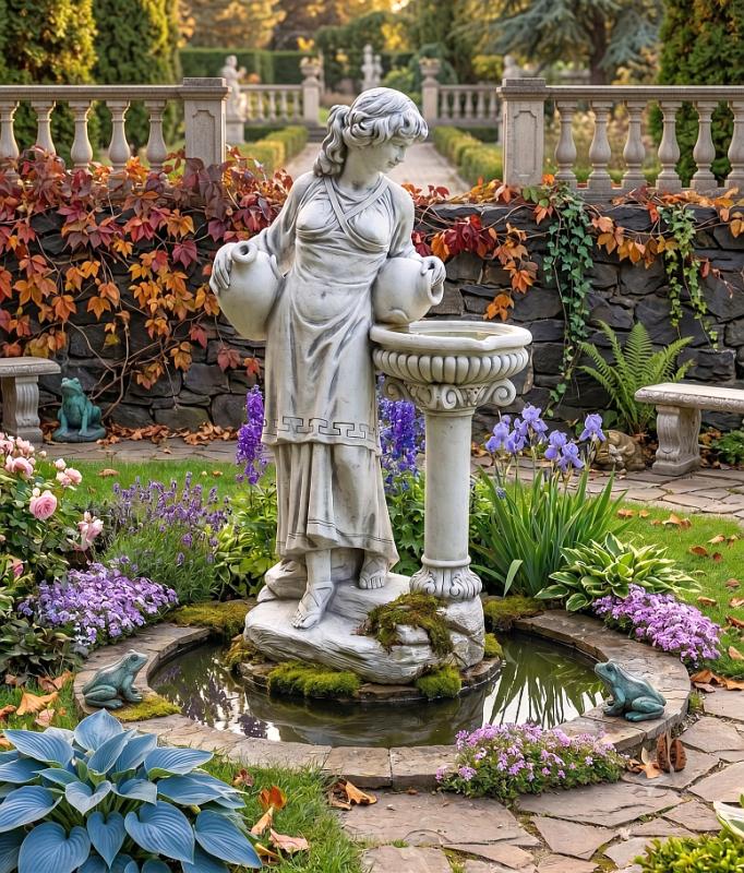 Gartenfigur Wasserträgerin Frau mit Krug Vogeltränke Brunnen bepflanzbar Beton Steinfigur 140cm 225kg S101077