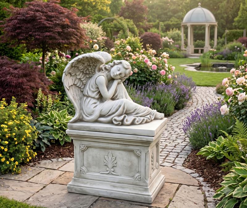 Beeindruckende Engelfigur liegend mit langem Kleid Beton Engel Steinfigur 42x54cm 45kg
