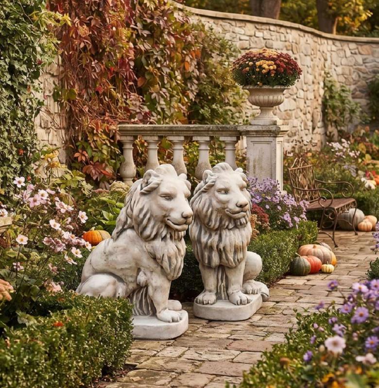 Gartenfiguren Löwen Steinfiguren sitzende Lions Torlöwen Steinkunst 96cm