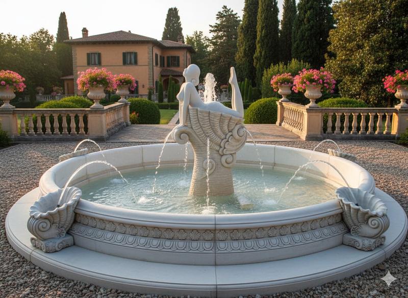 Großer Garten Brunnen mit Wasserbecken und moderner Frauen Skulptur