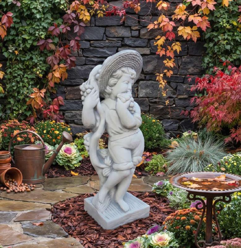 Herbst Gartenfigur Putten Figur aus Vierjahreszeiten Skulptur Steinfigur Beton Steinguss 69cm