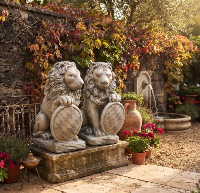 Torlöwen Gartenfigur Löwenpärchen Löwe links rechts Löwen mit Wappen je 68cm 90kg