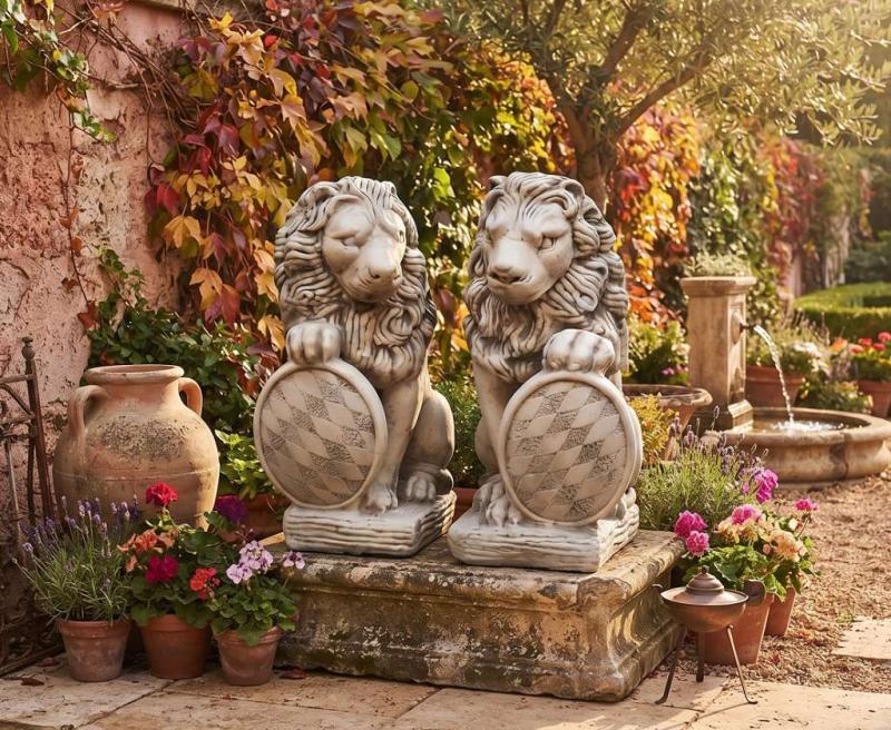 Torlöwen Gartenfigur Löwenpärchen Löwe links rechts Löwen mit Wappen je Stück 68cm 90kg