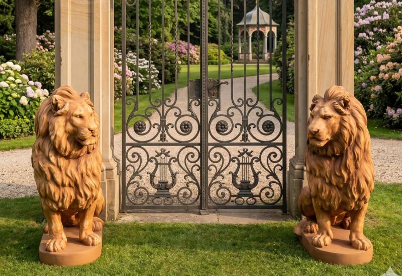 Löwen Gartenfiguren XXL Torlöwen Beton Steinguss Aslan Steinfiguren je 135cm 620kg ocker