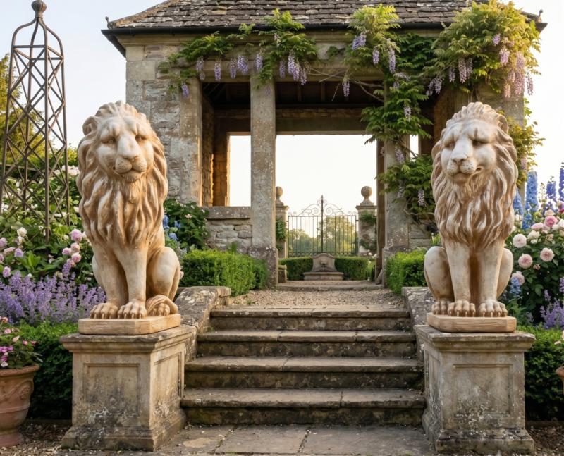 Gartenfiguren Löwen Steinfiguren sitzende Löwenfiguren Paar Set links rechts 92cm hoch