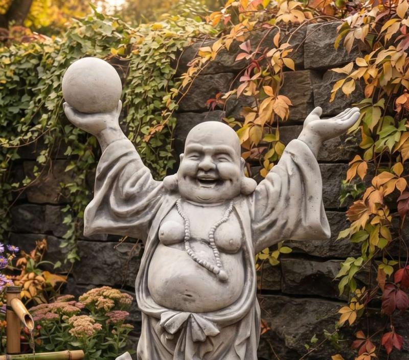 Happy Buddha mit Kugel lachende Buddhafigur Beton Steinguss Steinfigur 87cm 89kg