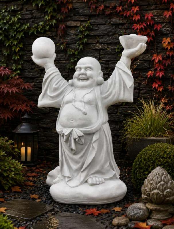 Happy Buddha mit Kugel lachende Buddhafigur Beton Steinguss Steinfigur