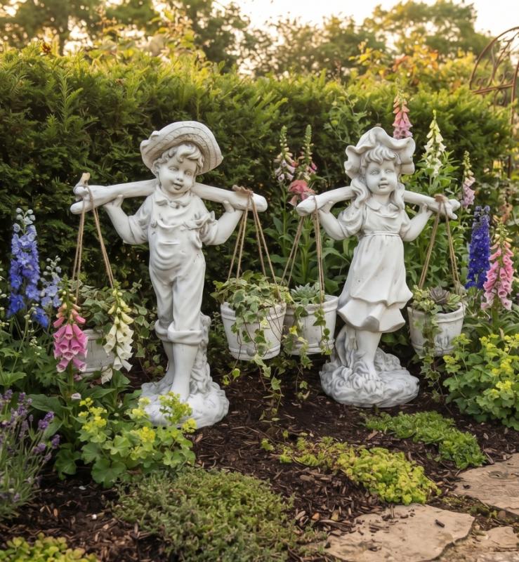 Gartenfiguren Wasserträgerin Mädchen und Junge mit 2 Kübel bepflanzbar Steinfiguren Gartendekoration 58cm