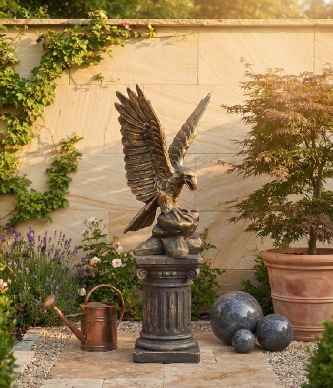 Gartenfigur Adler Alt Gold 90cm Steinfigur Metall Farben Optik Seeadler Skulptur