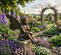 Bronzefigur sitzende kleine Elfe mit Schmetterling Gartendeko Figur 16cm