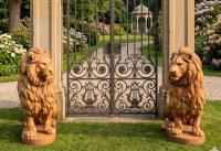 Löwen Gartenfiguren XXL Torlöwen Beton Steinguss Aslan Steinfiguren je 135cm 620kg ocker